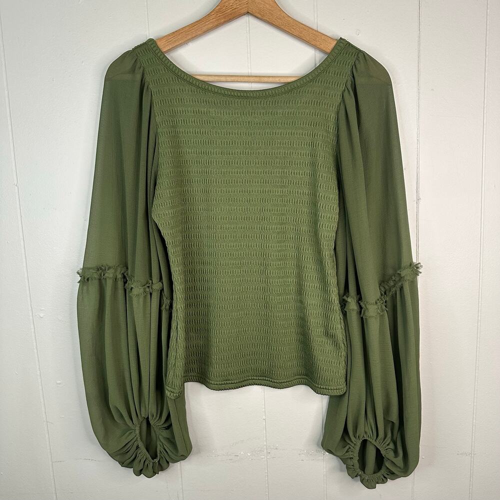 By Anthropologie Womens S Olive Green Smocked Top Balloon Sleeve Boho Cottage